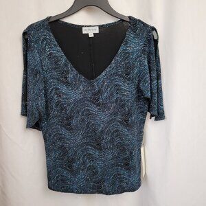 NWT Metaphor Blouse Sparkle Metallic blue V-neck open sleeve Med. Bling NEW